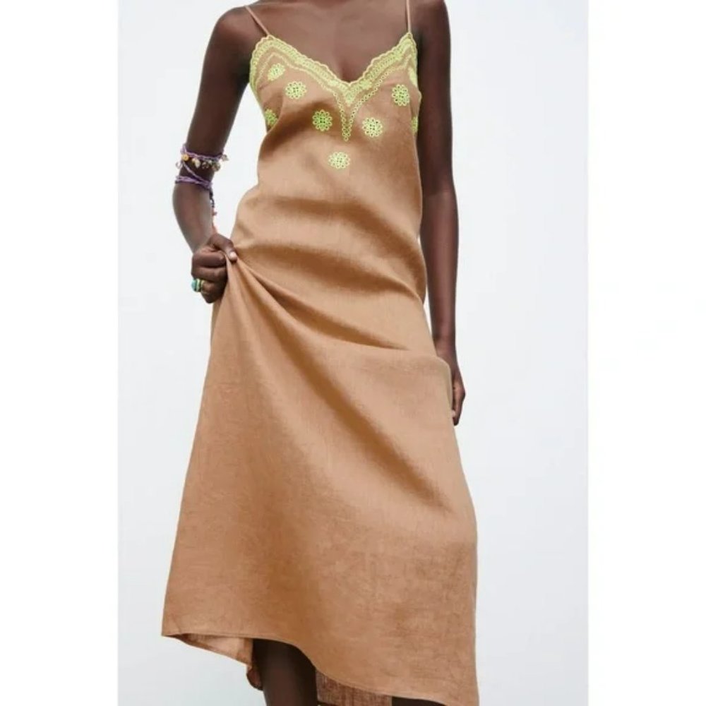 NWT Zara Embroidered Linen Slip Midi Dress size S